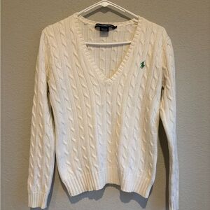 Ralph Lauren Women's V-Neck Cable Knit Sweater - white